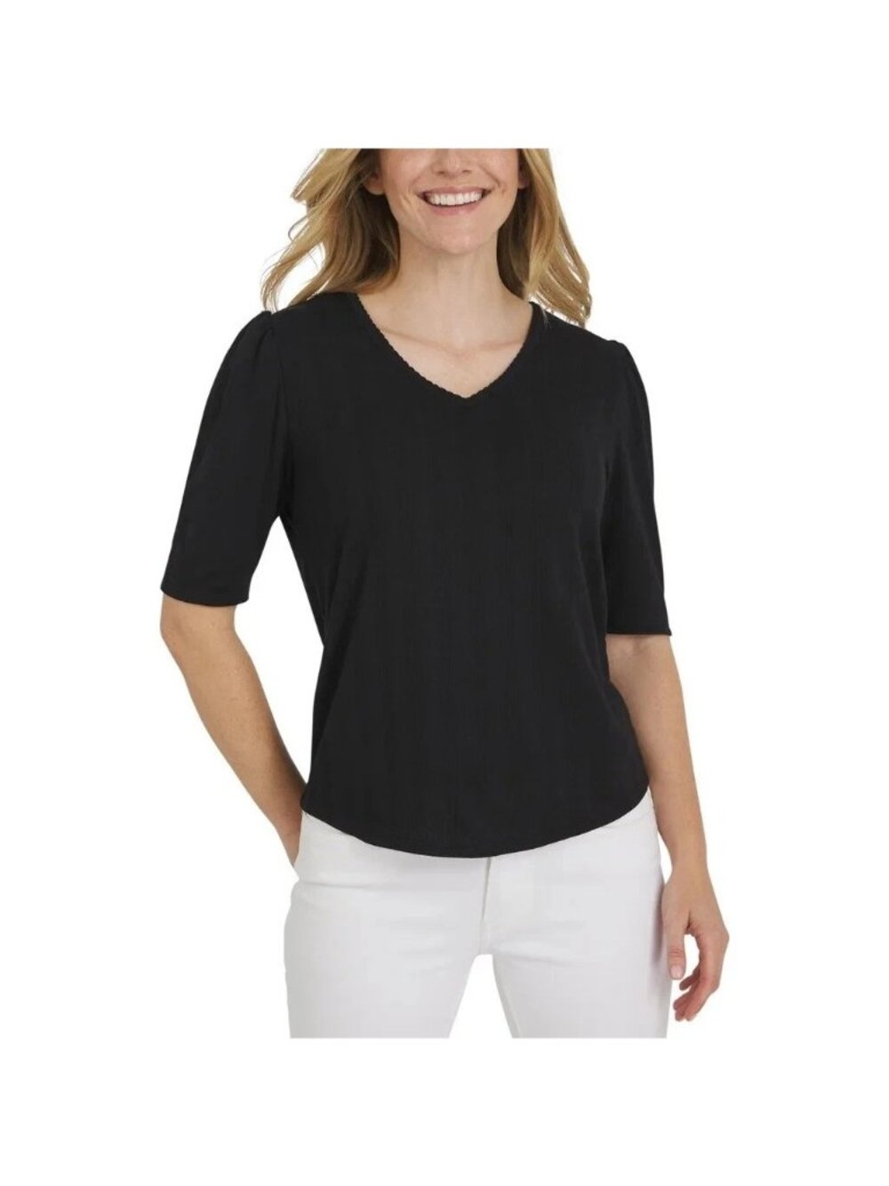 NWT Lands' End Women's M Black Pointelle V-Neck Elbow Sleeve Knit Top B1422